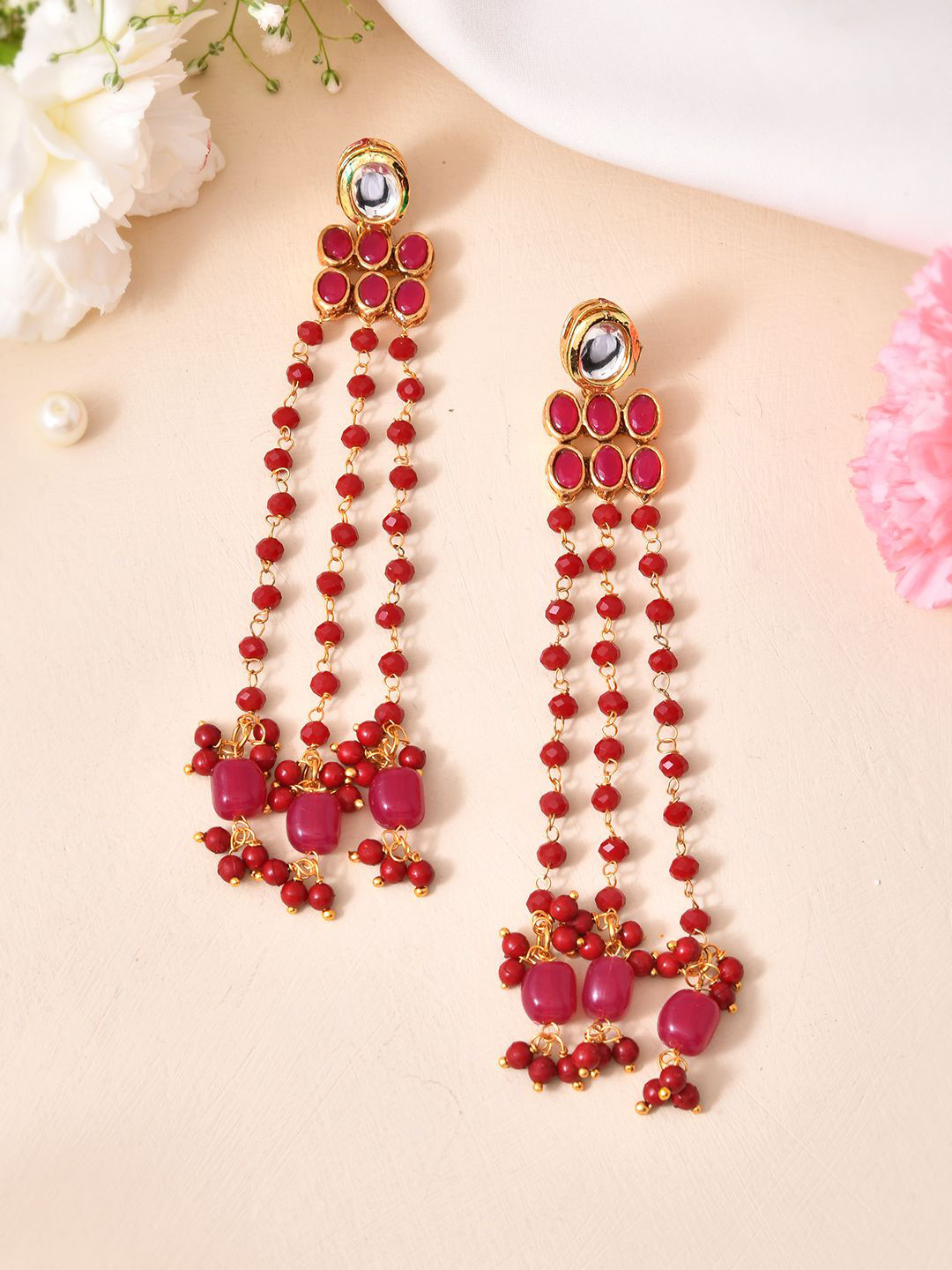 Silvermerc Designs Gold-Plated Ruby Beaded Kundan Long Classic Drop Earrings