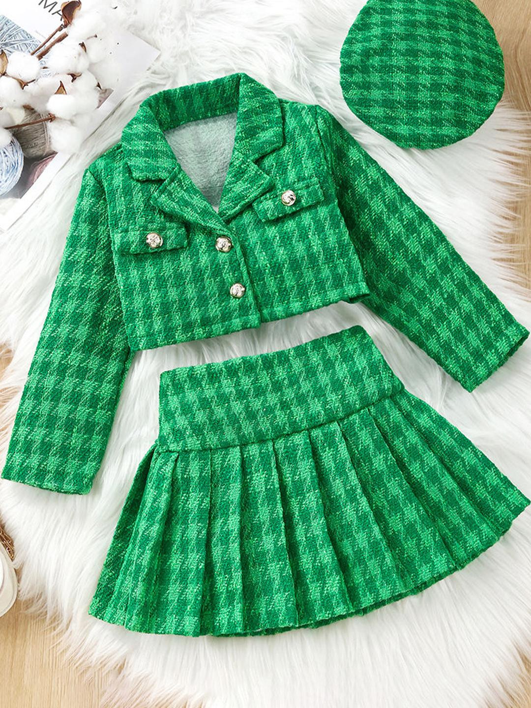 Green Checkered Jacket and Pleated Skirt Set with Hat