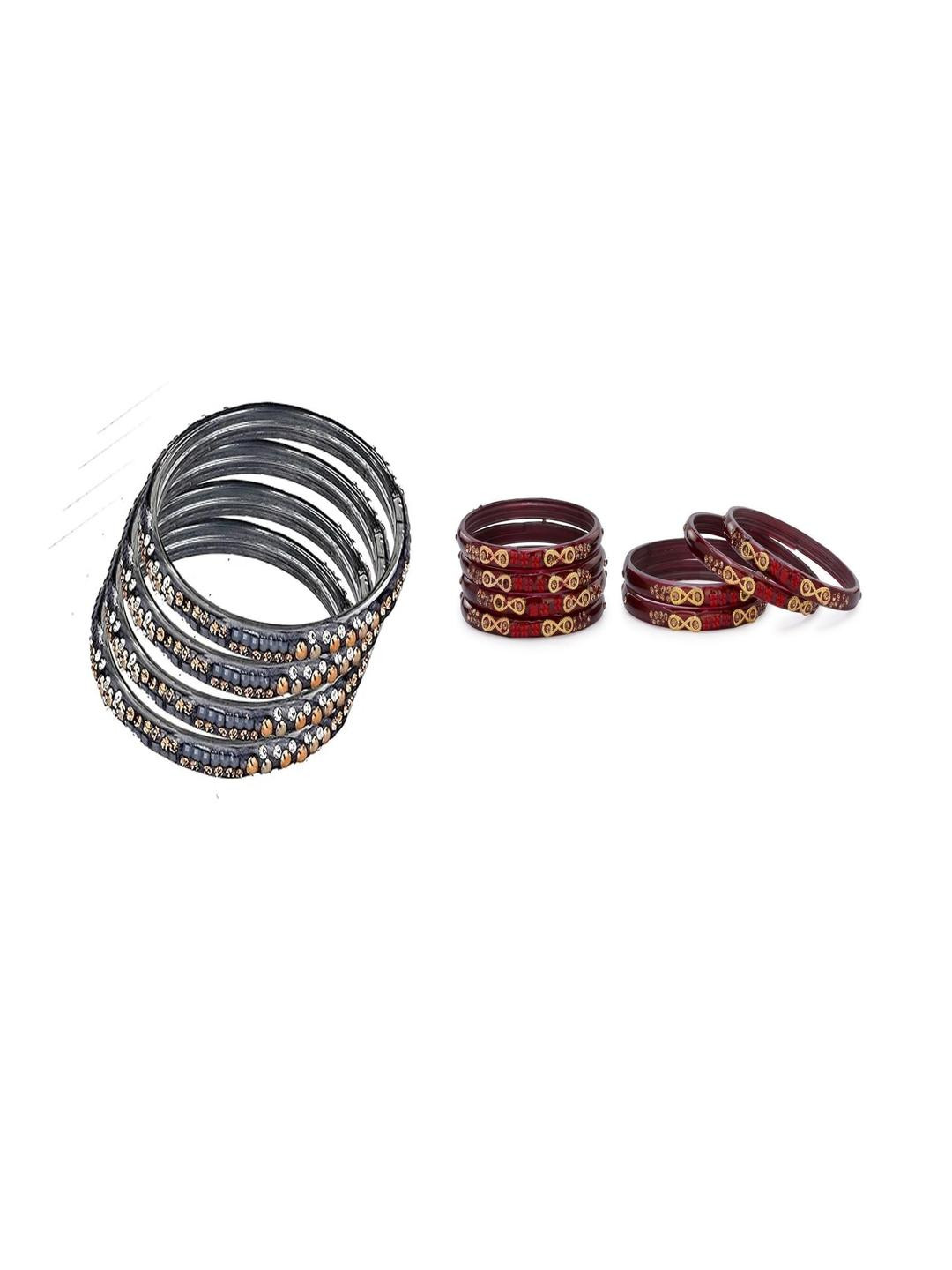 SOMIL Women Pack of 12 Grey & Maroon Glass With Artificial Stone Bangles