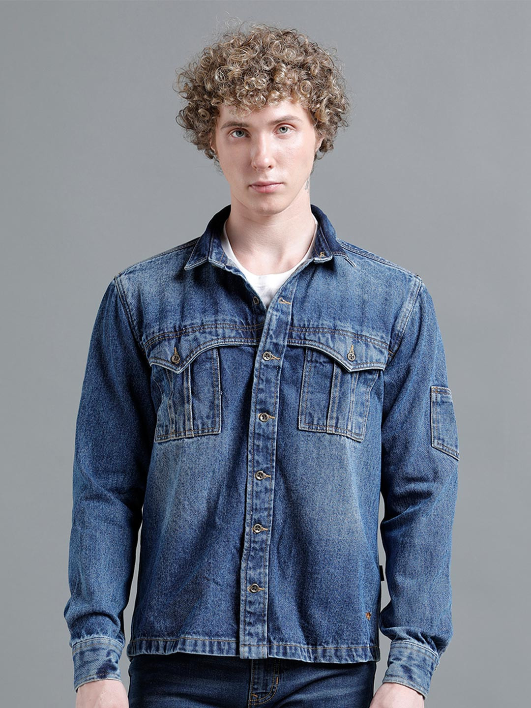TEMPLE OF DENIM Spread Collar Relaxed Fit Denim Shacket