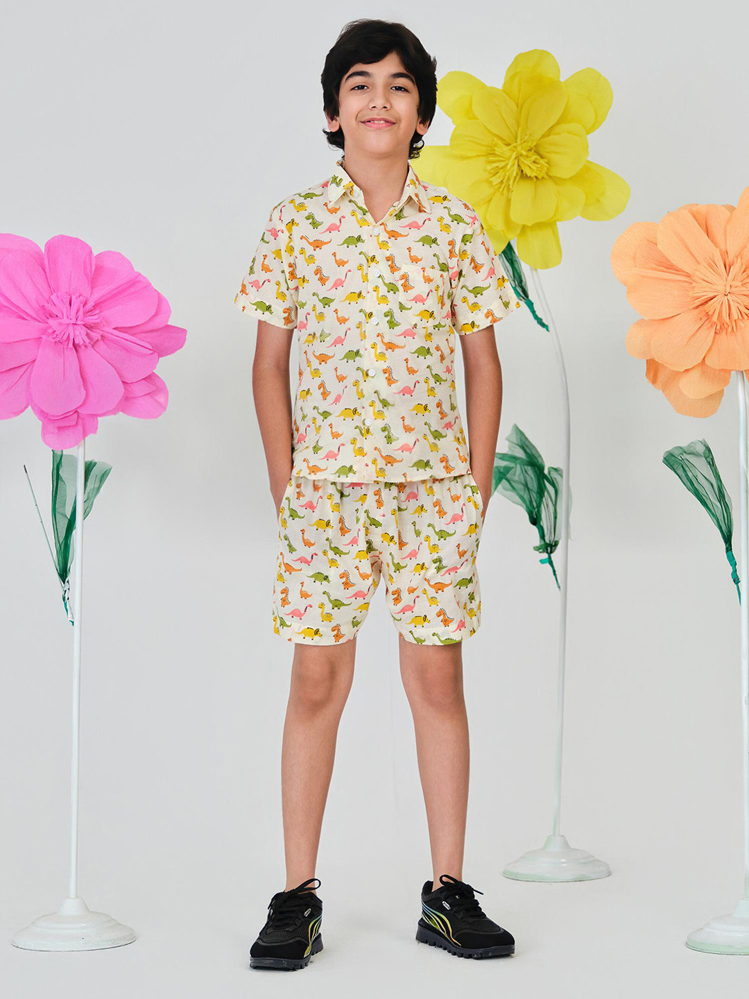 YK X Trampoline Boys Woven Cotton Half Sleeves Dinosaur Print Shirt and Shorts Set