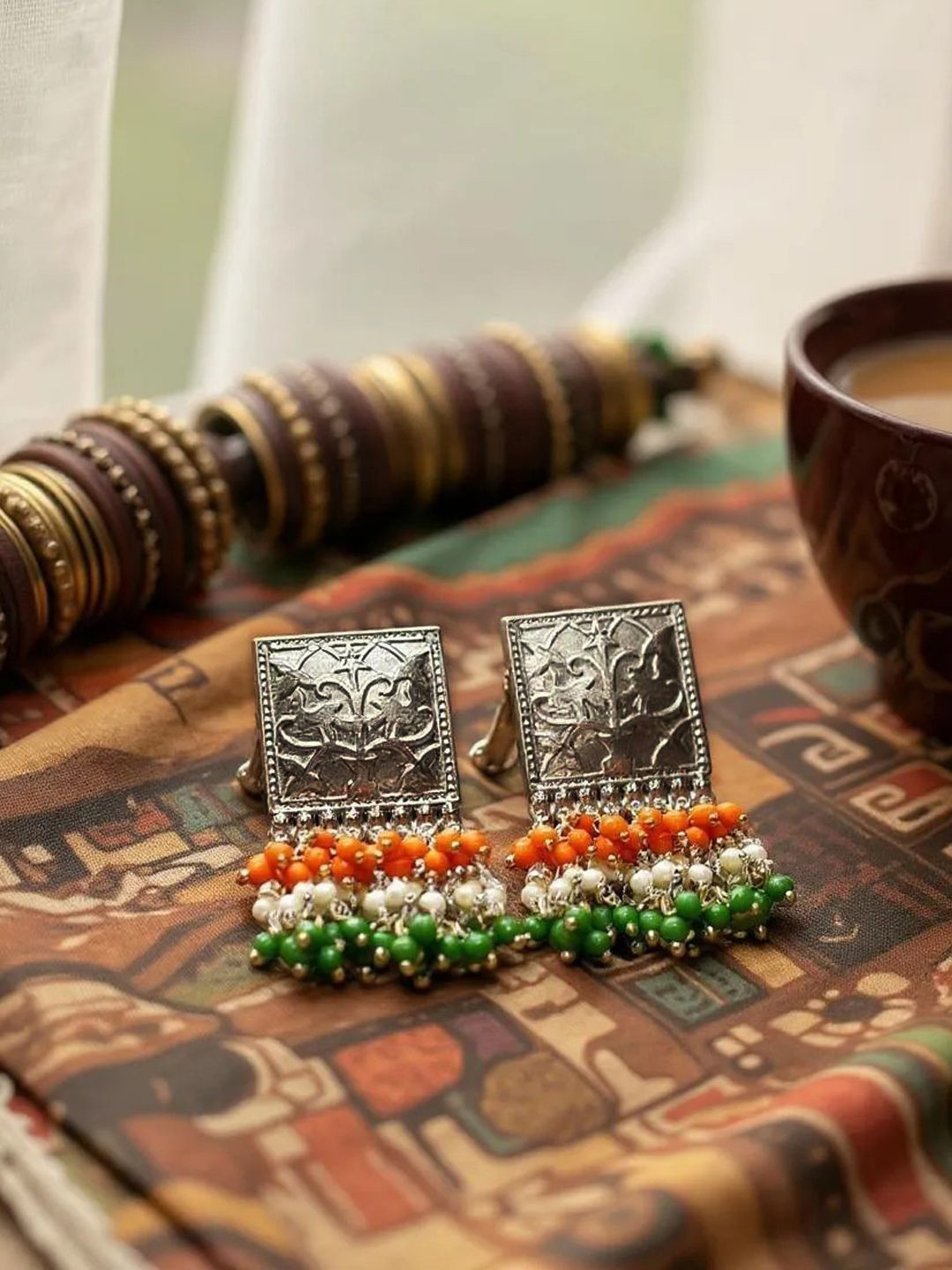 The Style Courtyard Artificial Beaded Oxidised Square Shaped Drop Earrings