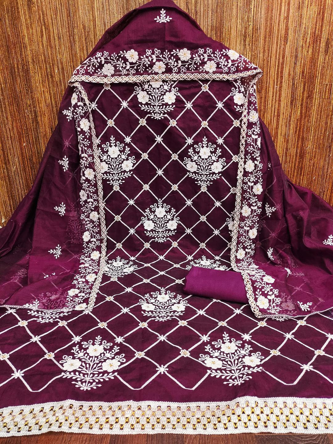 Kalini Women Magenta Chanderi Cotton Sequence Unstitched Dress Material with Dupatta