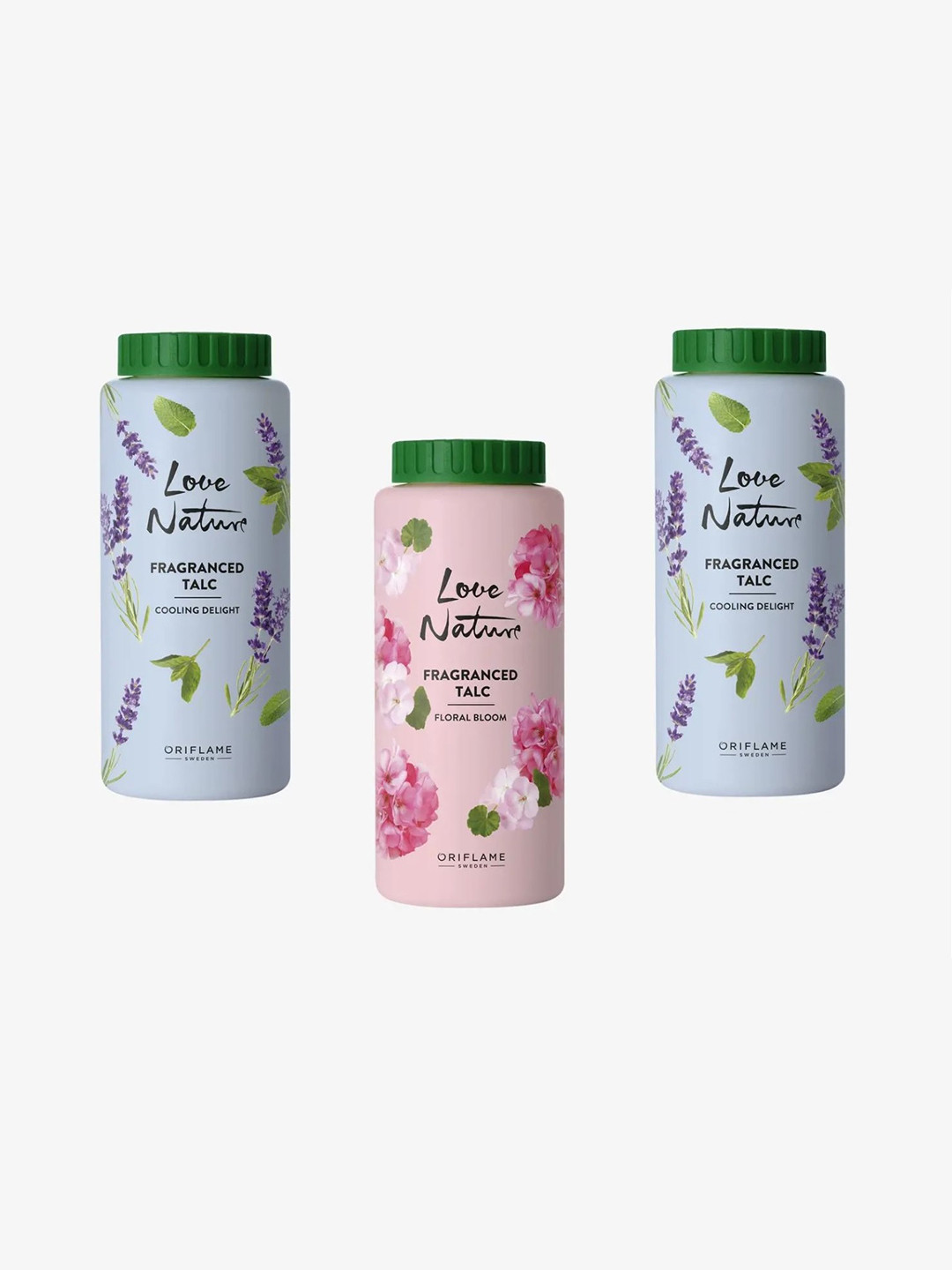 Oriflame Set Of 3 Love Nature Fragranced Talc Cooling Delight & Floral Bloom- 100 g Each