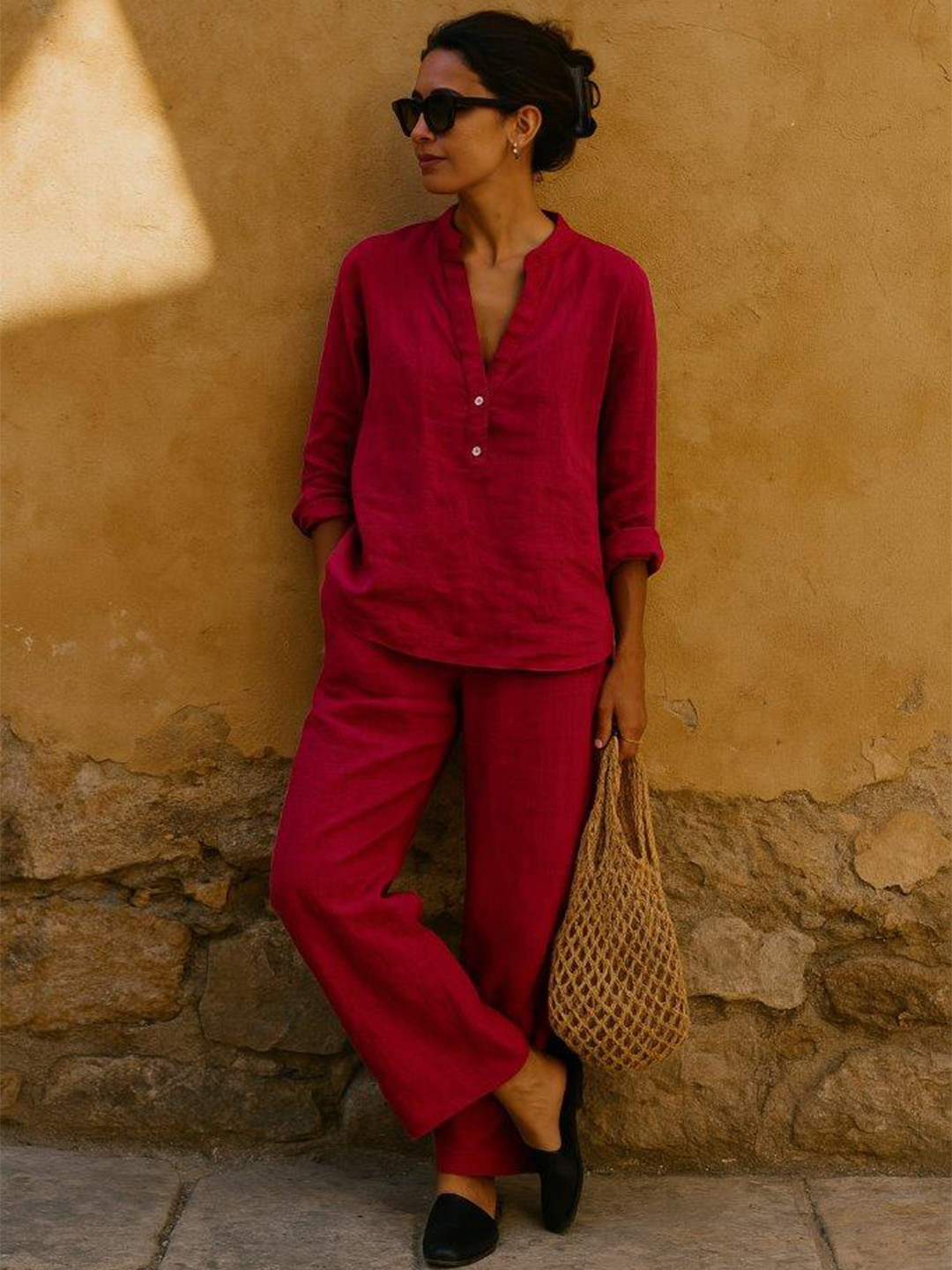 Fabulous Mandarin Collar Linen Tunic & Trousers