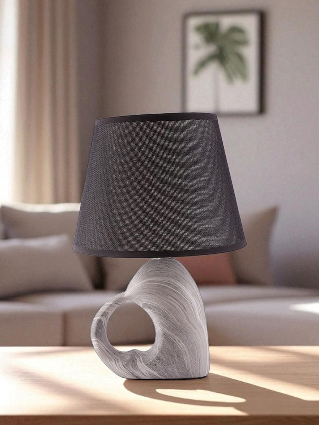 Black Table Lamp Modern Design   With Fabric Textured Lampshade Open Heart  Shaped Resin Ceramic Base