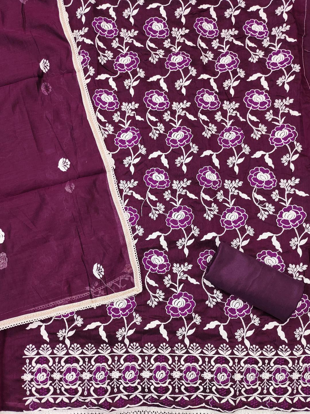 Kalini Women Purple Chanderi Cotton Embroidery Unstitched Dress Material with Dupatta