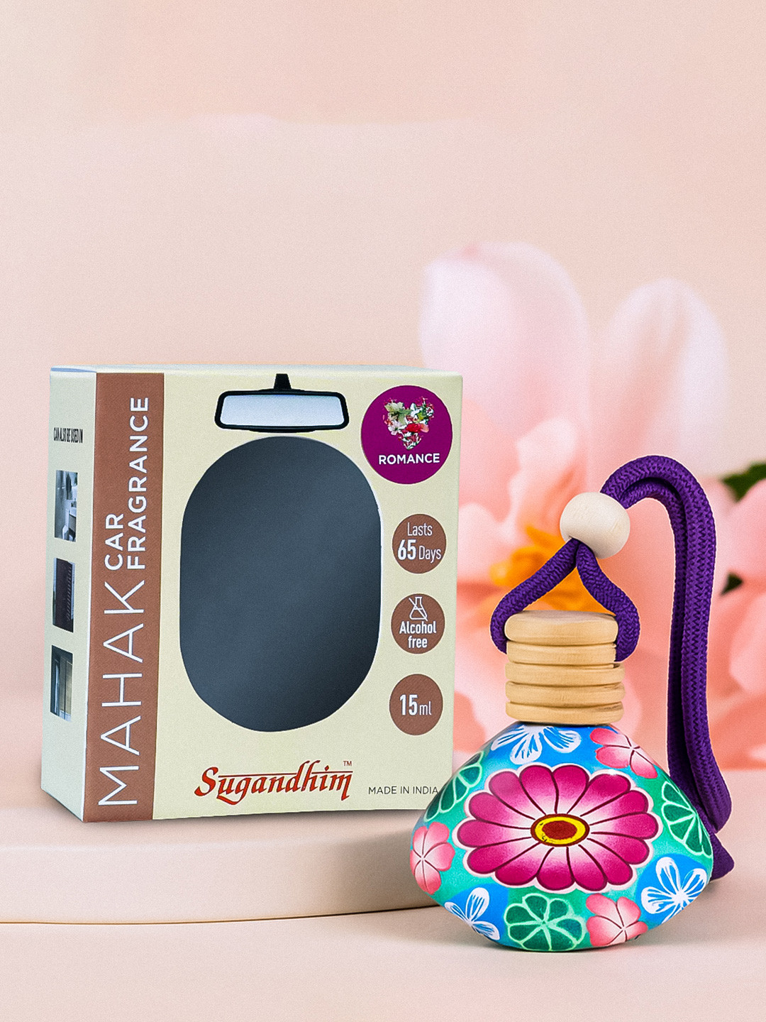 Sugandhim Purple Hanging Car Air Freshener Refreshing Aroma Leak Proof Glass Bottle 15ml