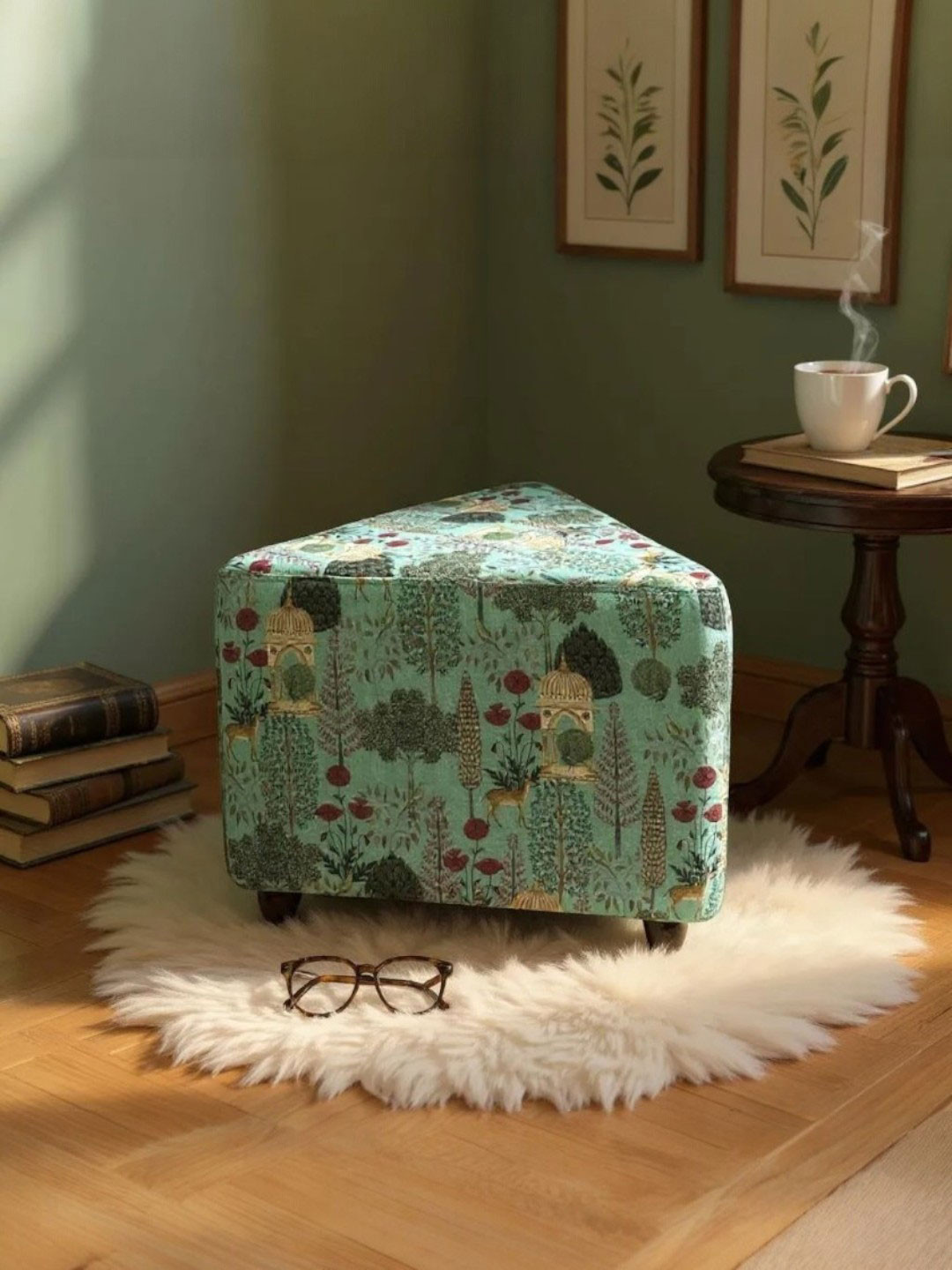 KURCHEE Textured Boho Wooden Triangle Ottomans