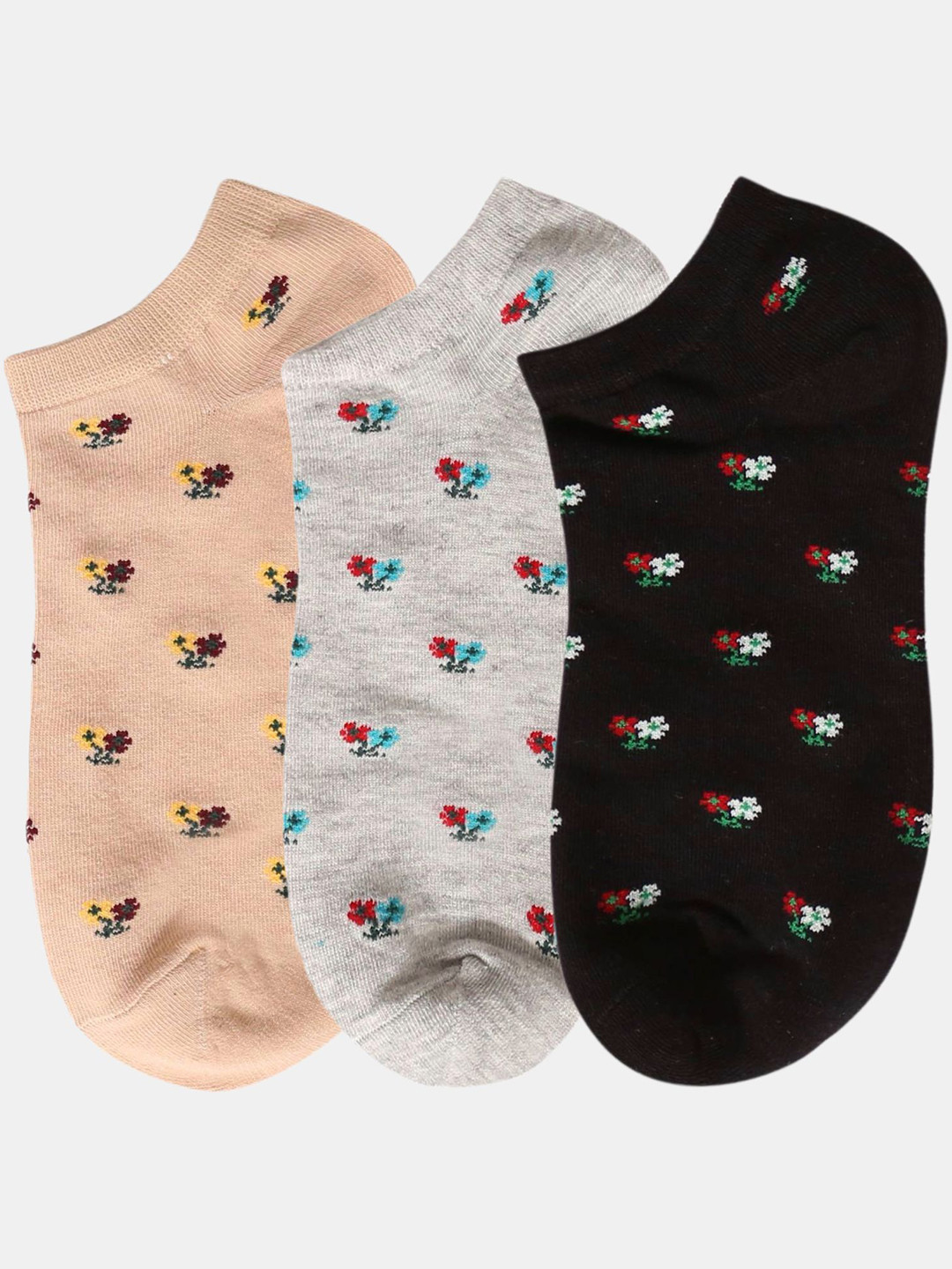 N2S NEXT2SKIN Women Pack Of 3 Flowered Pattern Cotton Ankle-Length Socks