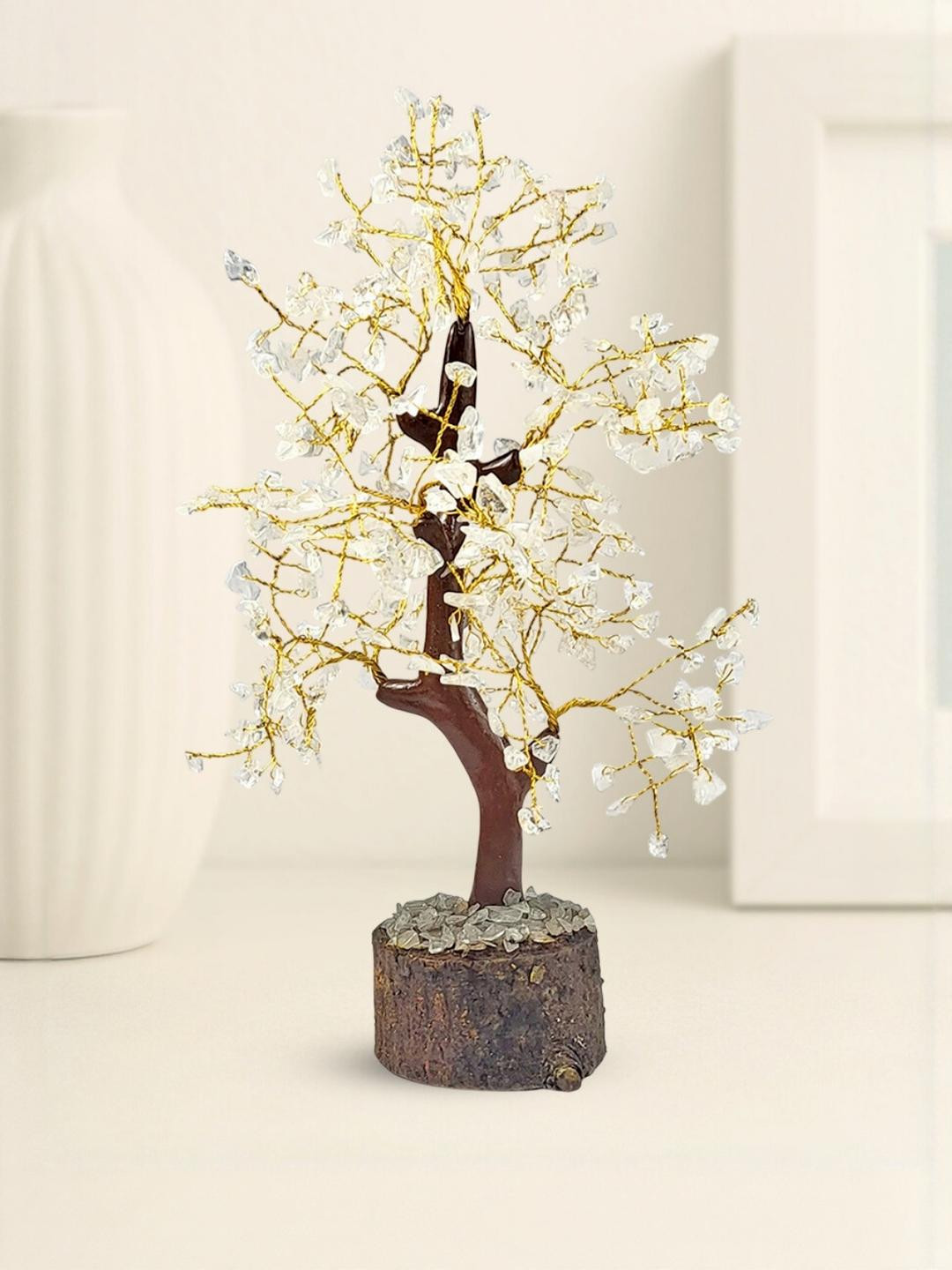 Calminds Clear Quartz Natural Stone Crystal Tree Wooden Showpiece for Decor