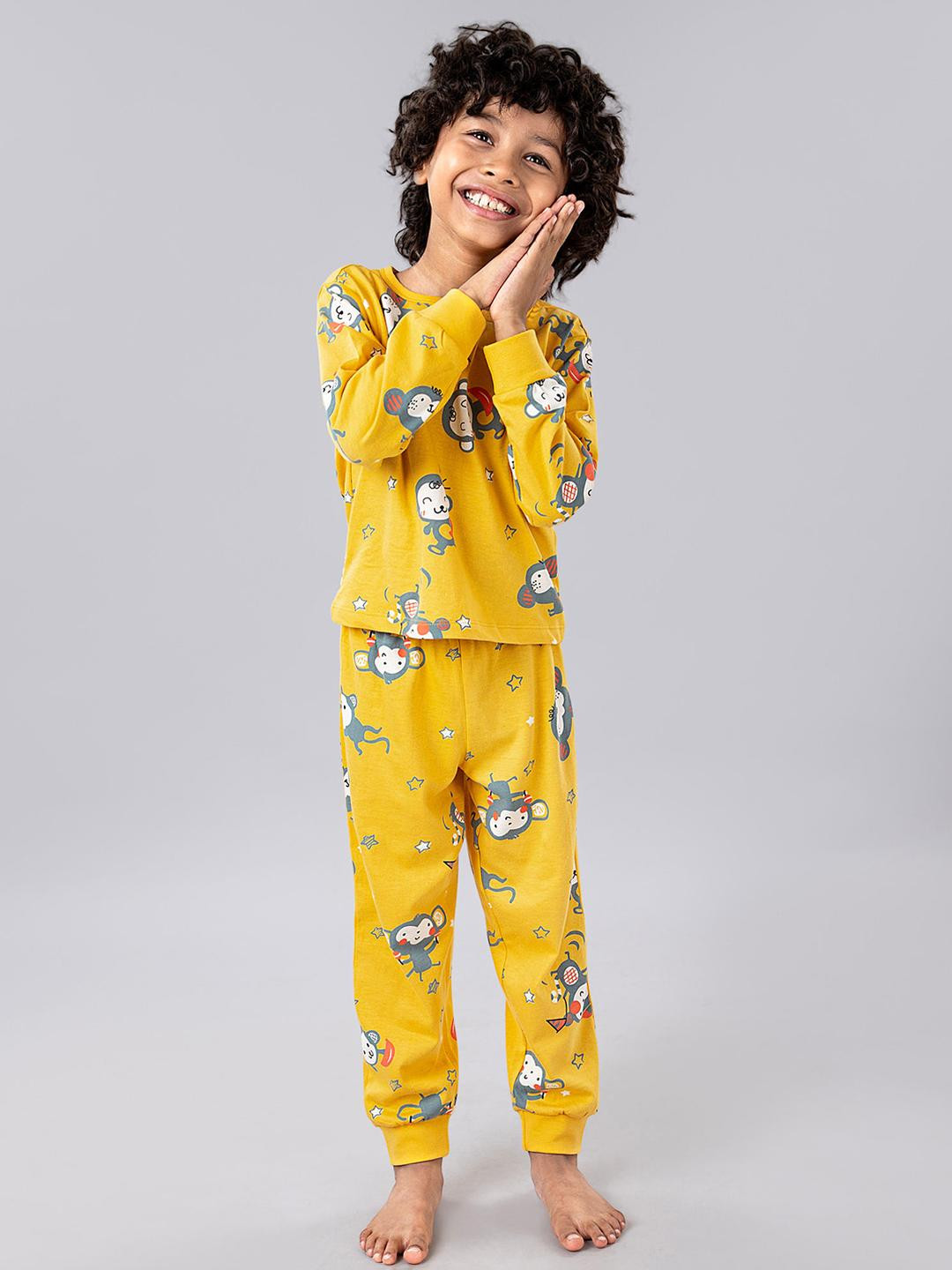 Hopscotch Unisex 2 Pieces Kids Yellow Printed Night suit