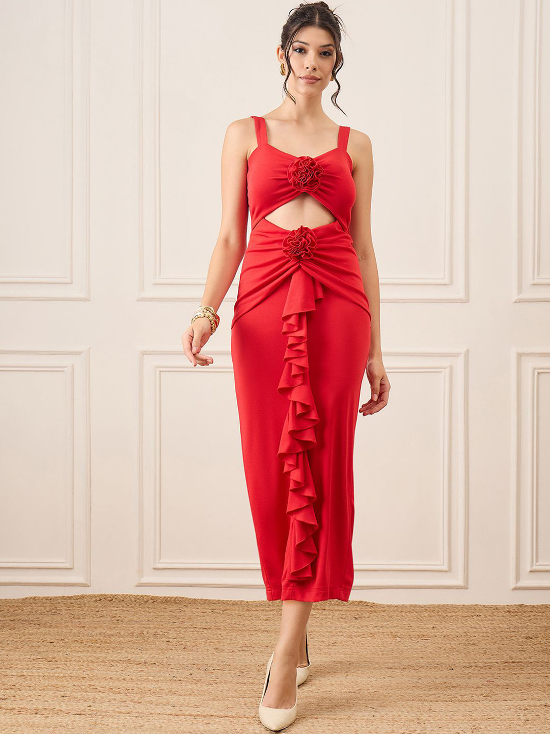 Uptownie Ruffled Rosette Cutout Midi Dress