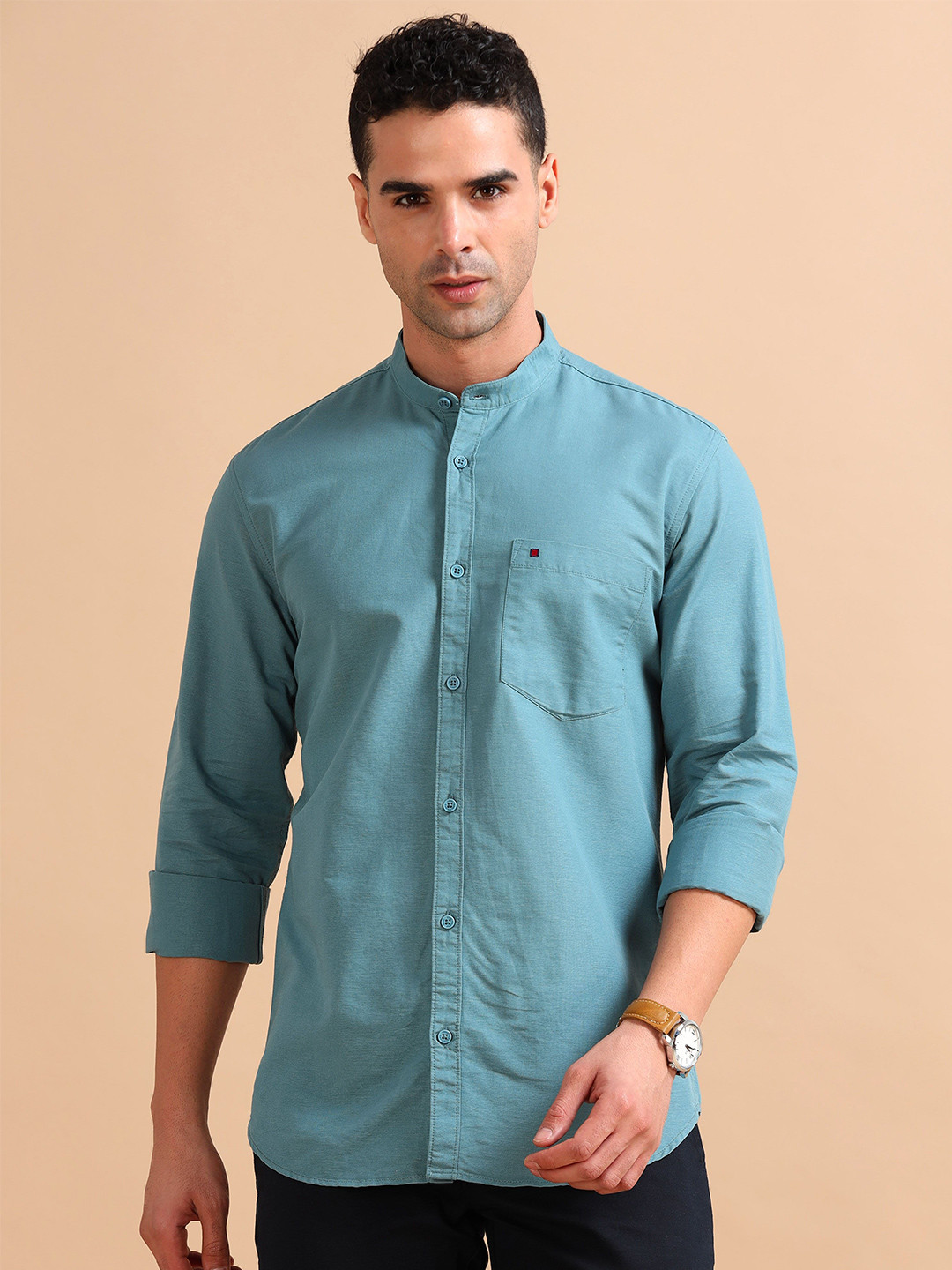 COOL COLORS Men Slim Fit Solid Mandarin Collar Cotton Casual Shirt