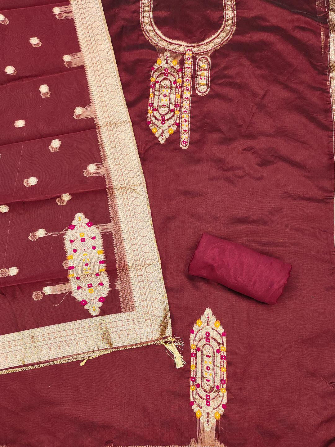 Kalini Women Maroon Jacquard Weaving Unstitched Dress Material with Dupatta