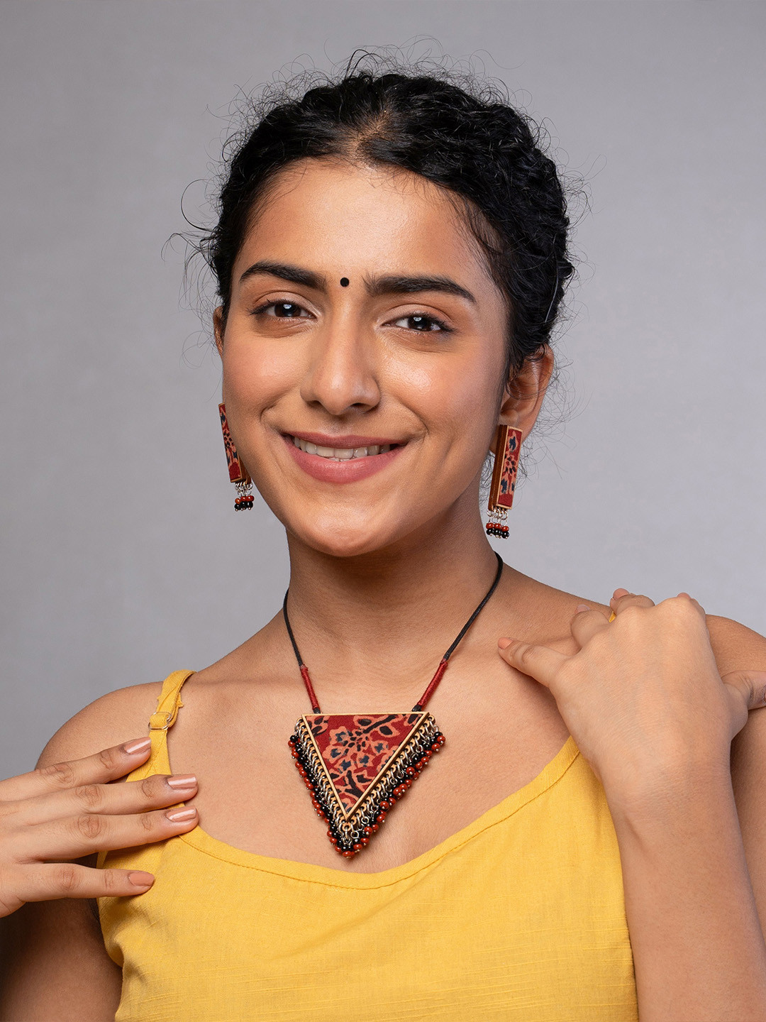 WHE Two in One Multicolor Repurposed Fabric and Wood Triangle Pendant