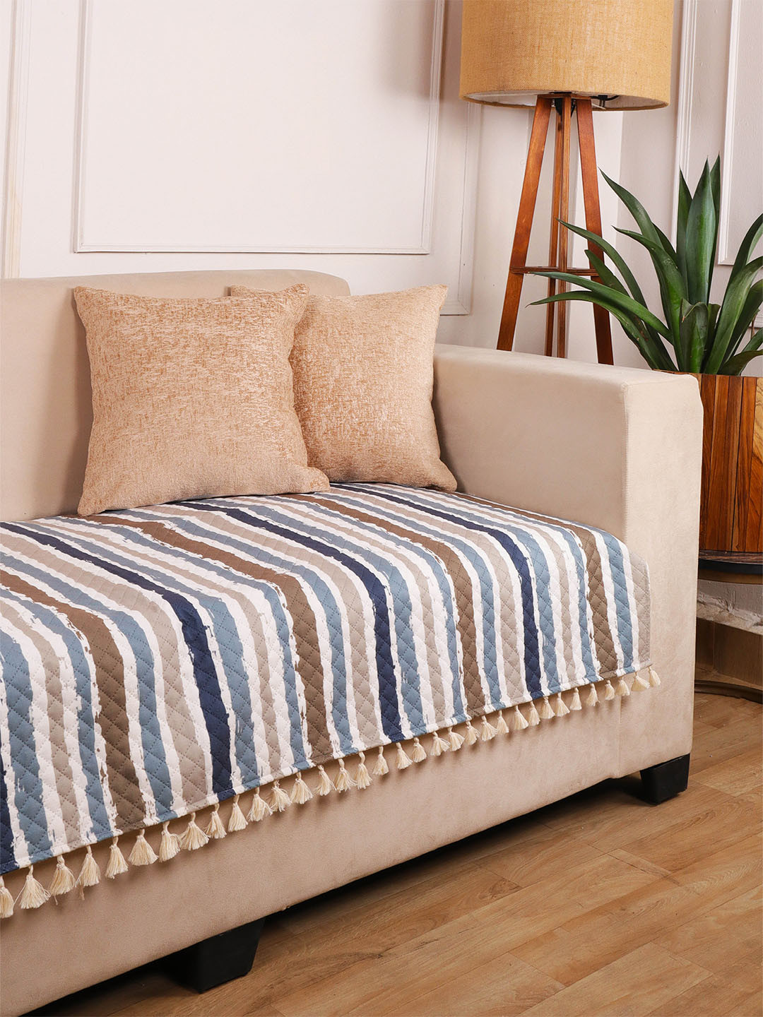 STITCHNEST 2 Seater Teal Blue & White Velvet Sofa Cover