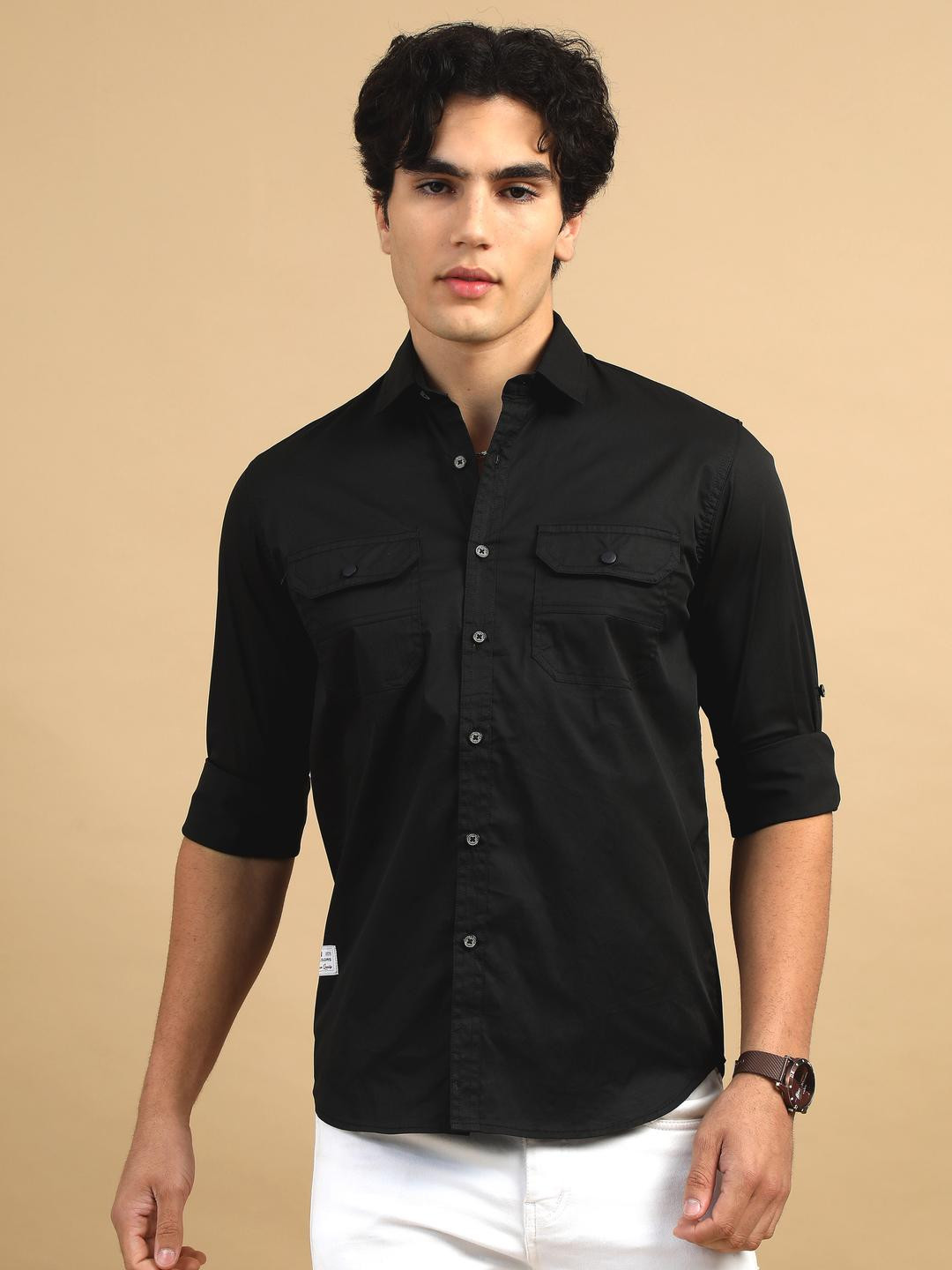 COOL COLORS Men Black Slim Fit Solid Full Sleeve Casual Shirt