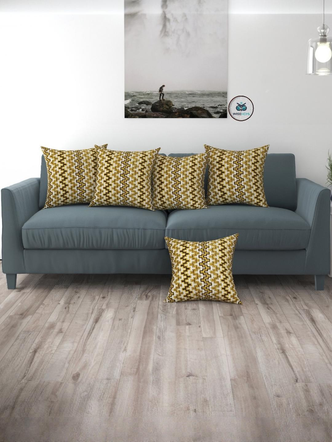 WISE HOME Set of 5 Yellow & Brown Linen Striped Square Cushion Covers