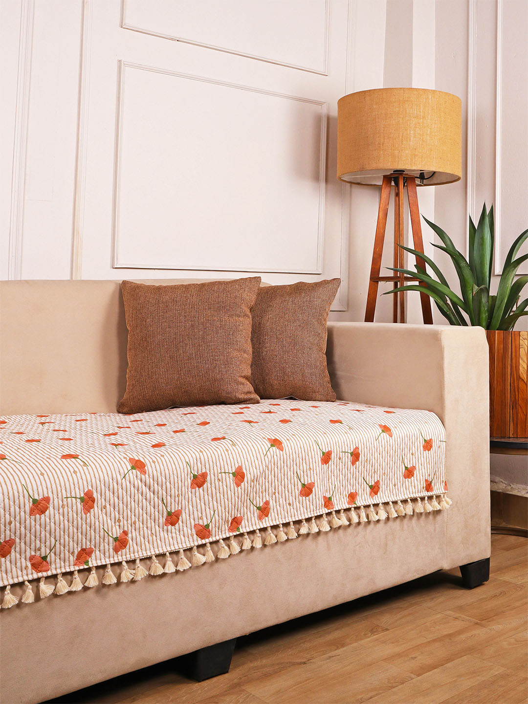 STITCHNEST 3 Seater Peach & White Velvet Sofa Cover