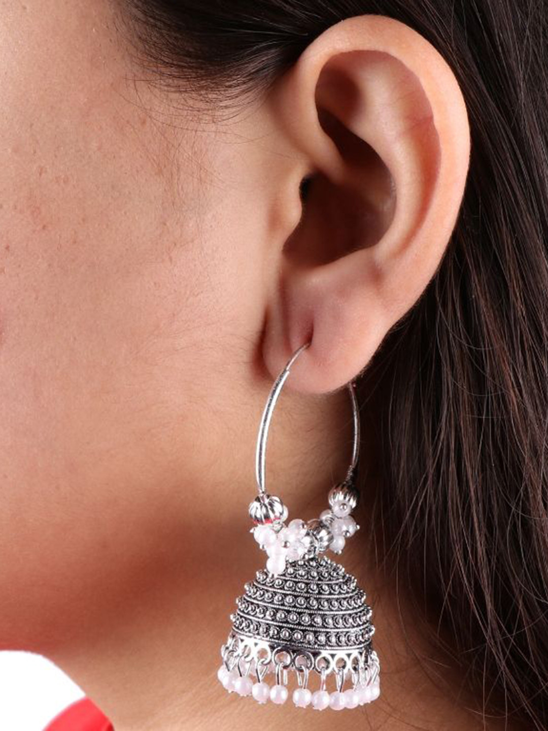 VIKESA Silver-Plated Kundan Studded & Artificial Beaded Dome Shaped Hoop Earrings