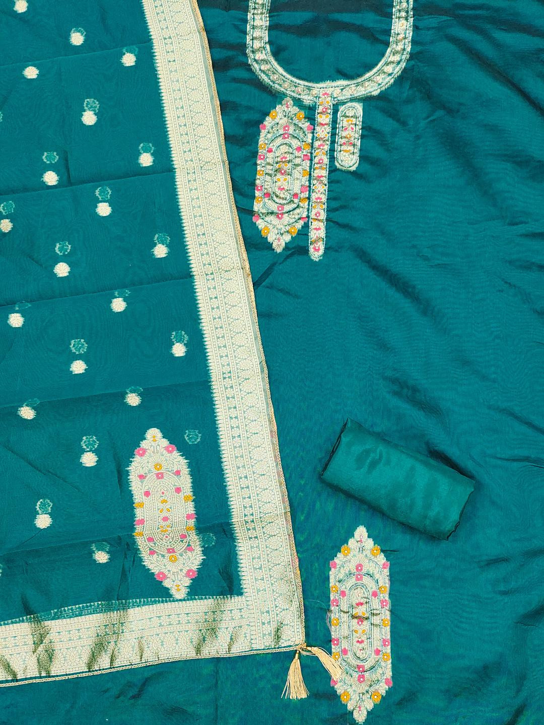 Kalini Women Sea Green Jacquard Weaving Unstitched Dress Material with Dupatta