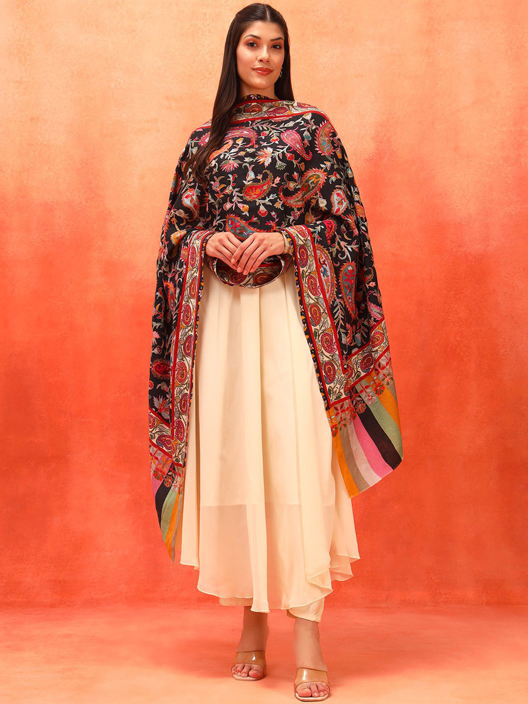 Pashmoda Naqqashi Pure Wool Kalamkari Paisley Embroidered Shawl