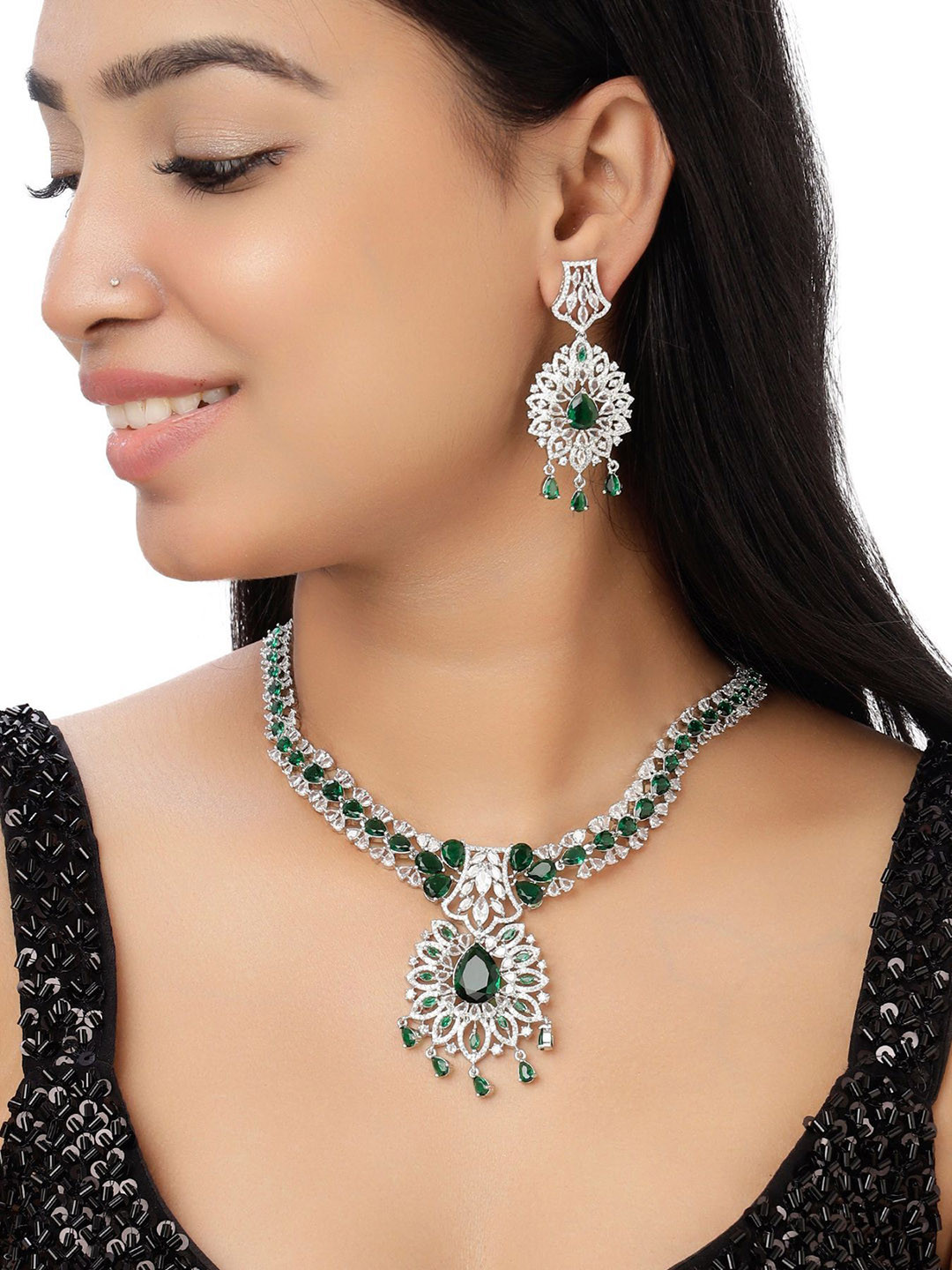VELVET IMPERIAL Rhodium-Plated American Diamond Studded Necklace & Earrings