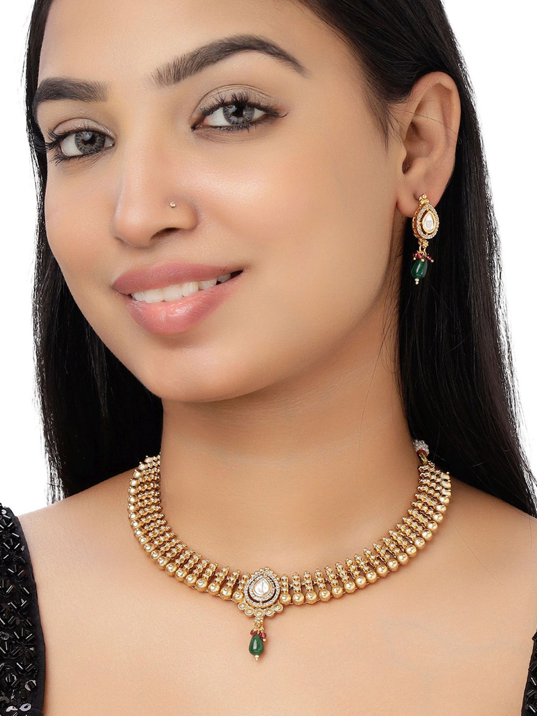 VELVET IMPERIAL Gold-Plated Kundan Studded & Artificial Beaded Necklace & Earrings