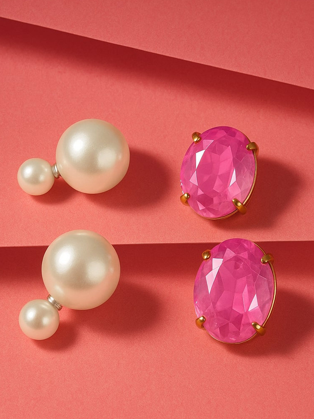 Anouk Combo Of Double Sided Pearl Stud & Dark Pink Korean Glass Crystal Stud Earrings