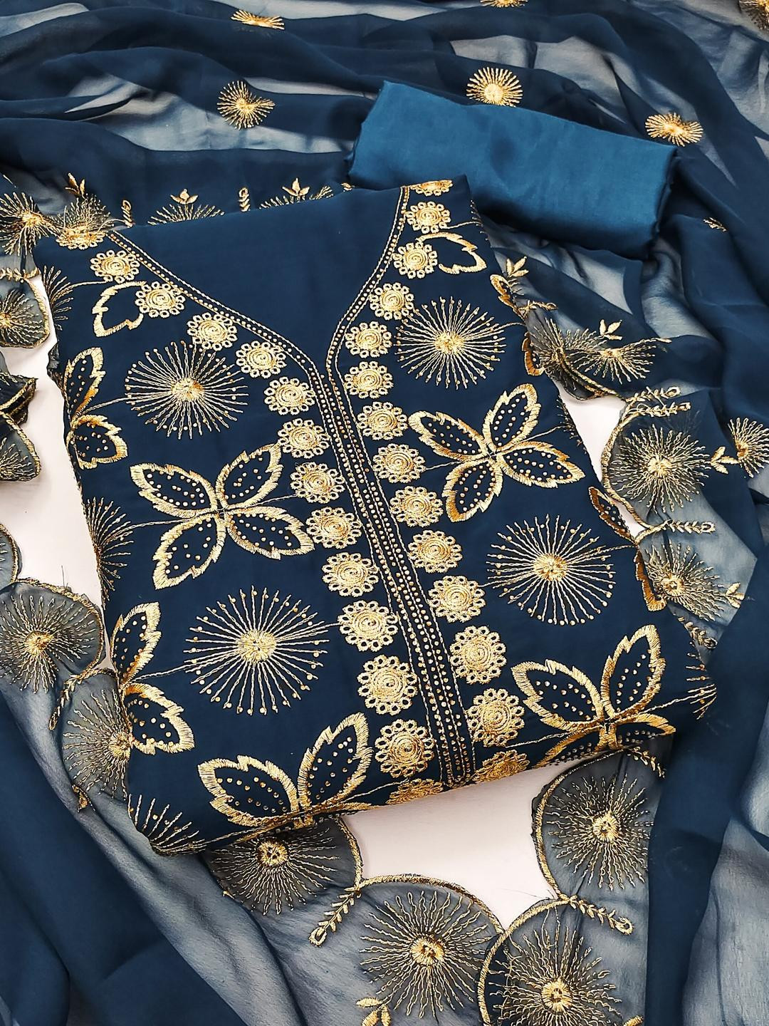 Teal Georgette Embroiderd Jari Work Unstitched Dress Material