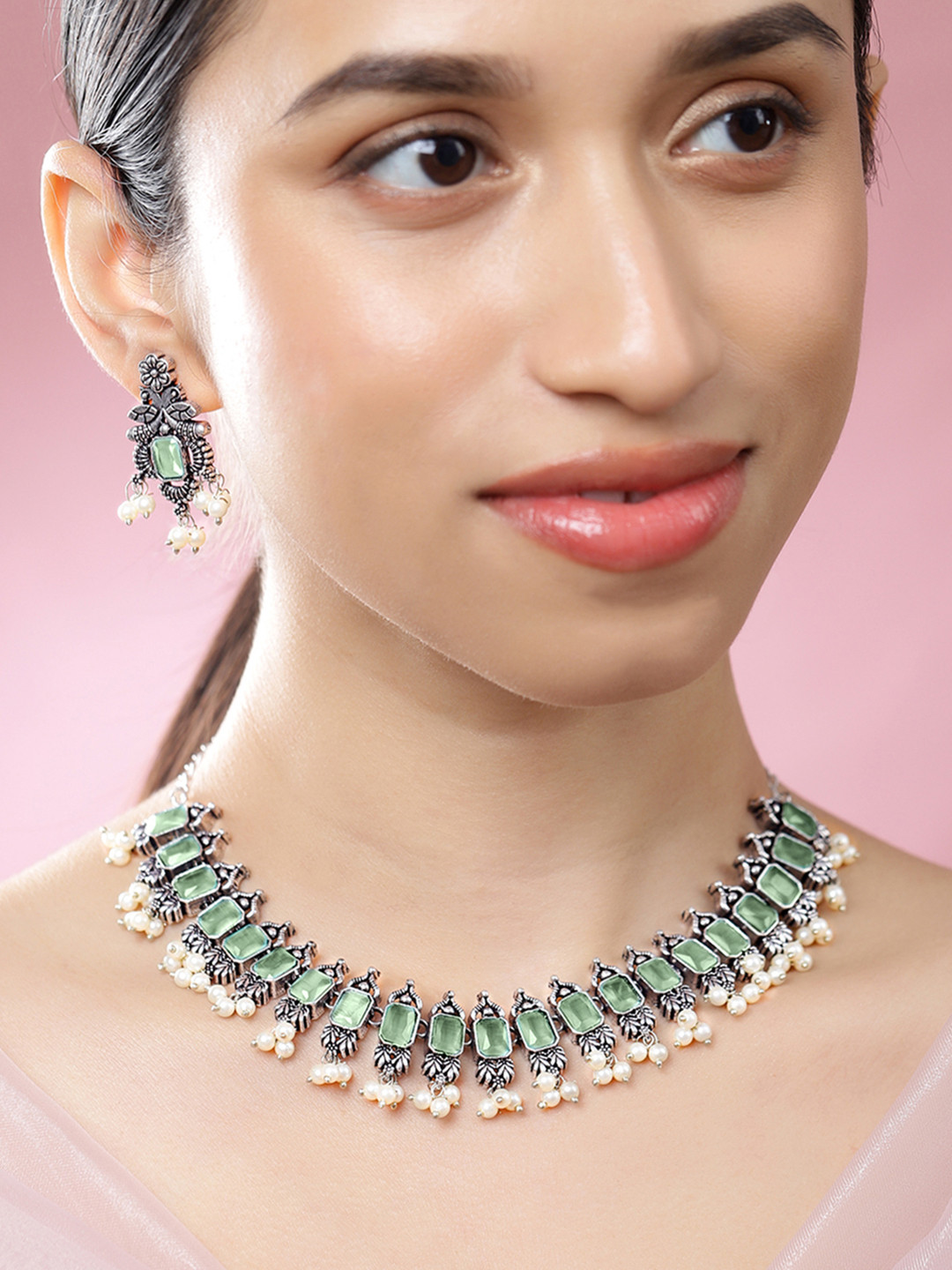 Rubans Oxidised Silver-Plated Mint Green Stone Studded Pearl Beaded Necklace Set