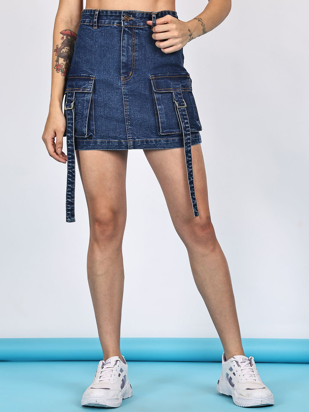 PUELLA Blue Solid Cargo Denim A-Line Above Knee Skirt