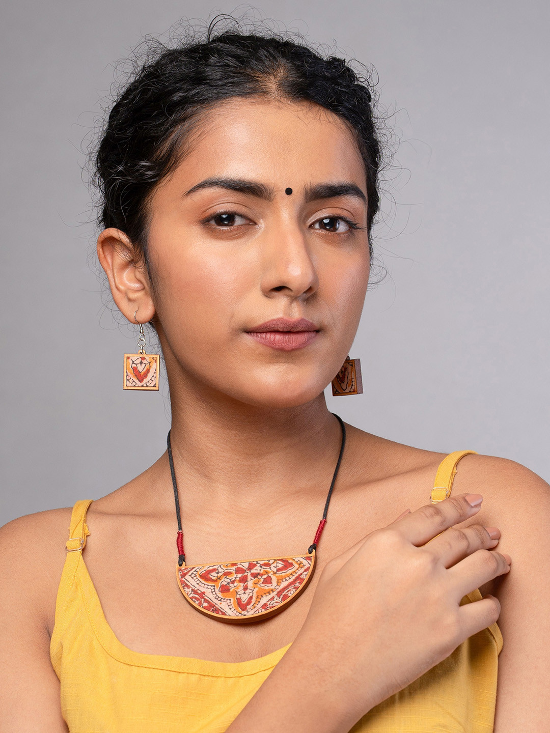 WHE Repurposed Kalamkari Fabric And Repurposed Wooden Pendant
