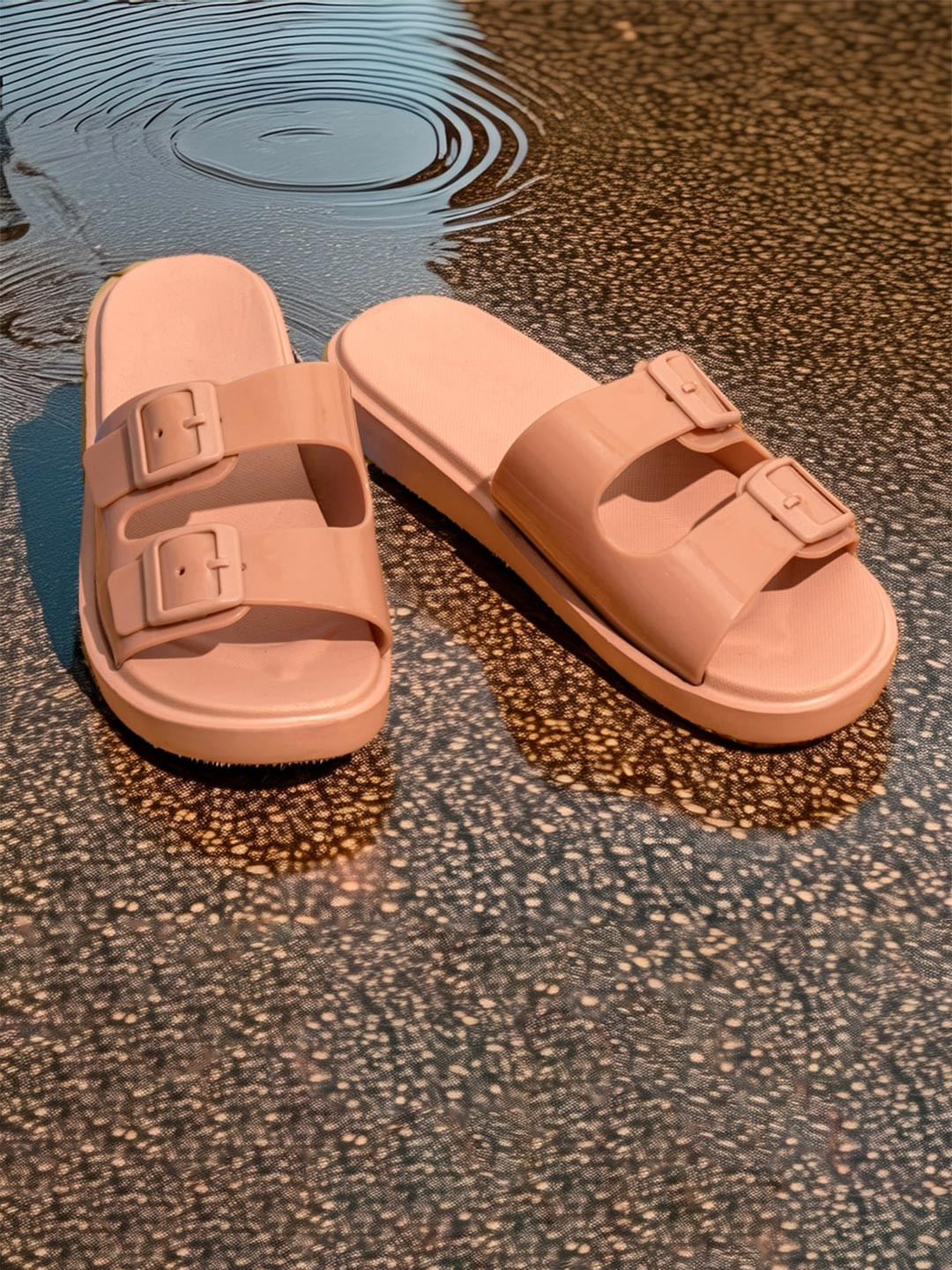 Indifeet Women Double Strap Pink Rubber Sliders with Adjustable Buckles