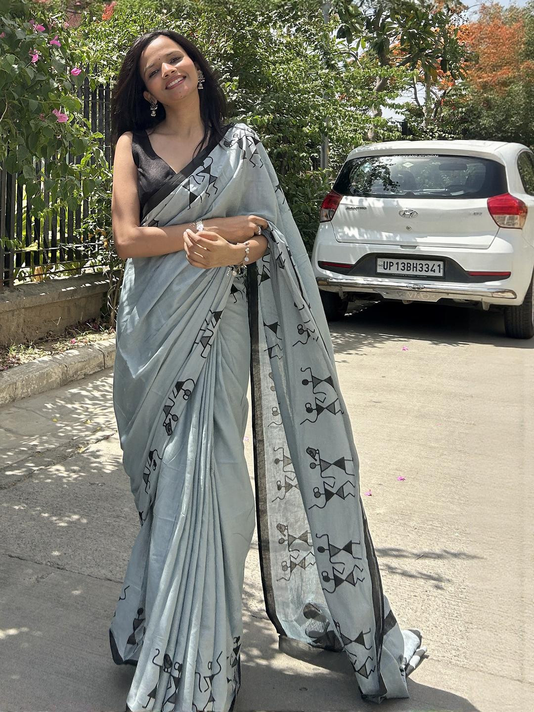 KALINI  Grey & Black Warli Print Pure Cotton Designer Saree