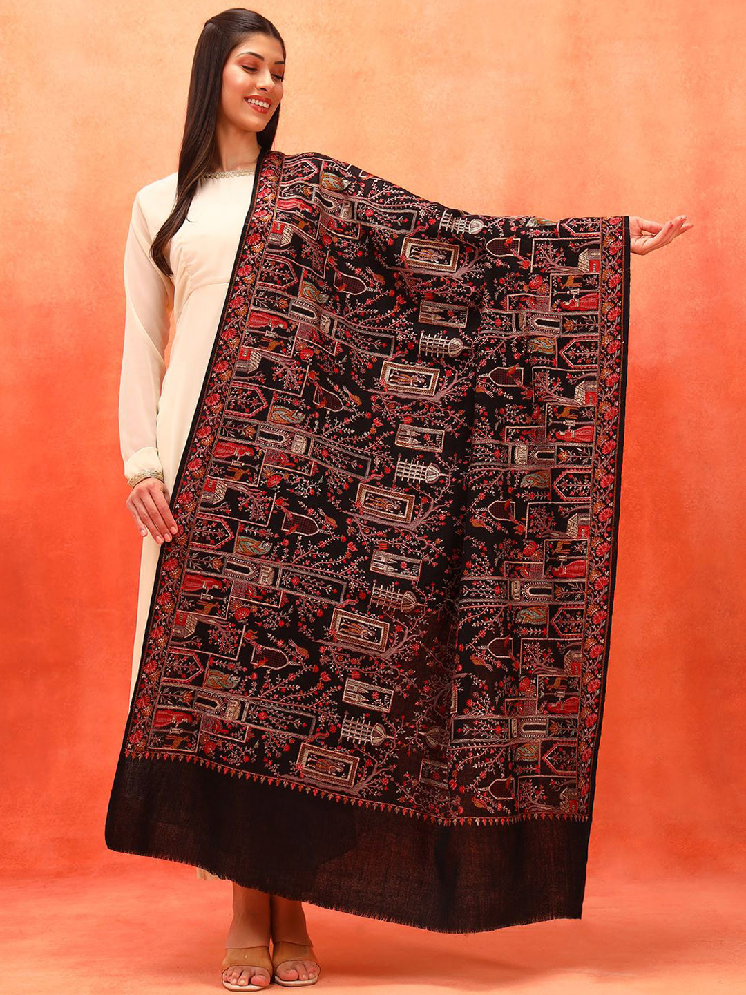 Pashmoda Arwina Pure Wool Ethnic Motifs Embroidered Shawl