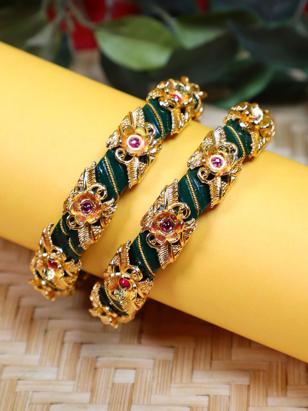 FIROZA Set Of 2 Gold-Plated Artificial Stones-Studded Navari Bangles