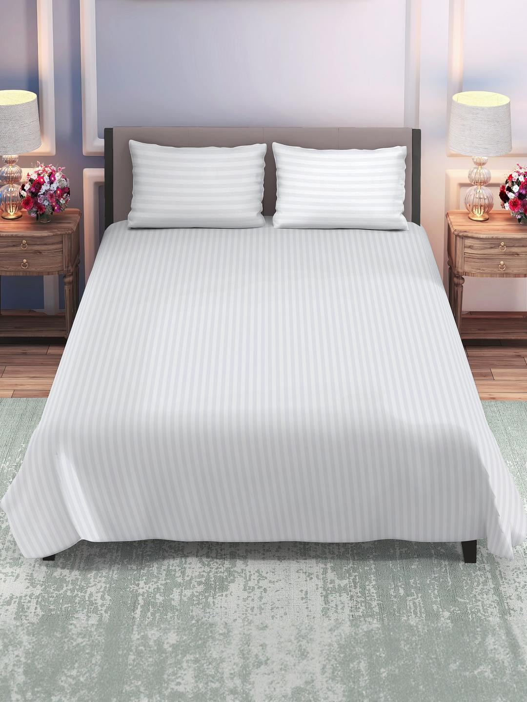 DREAM LIVING Plain Stripe Flat King Size Bedsheet Set-1+2