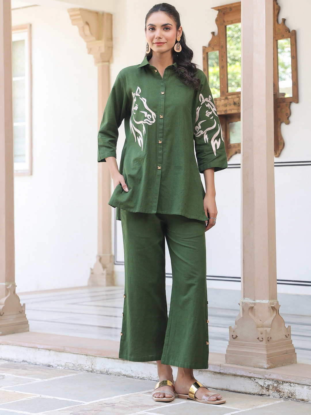 JISORA Horse Embroidered Cotton Flex Shirt With Trouser