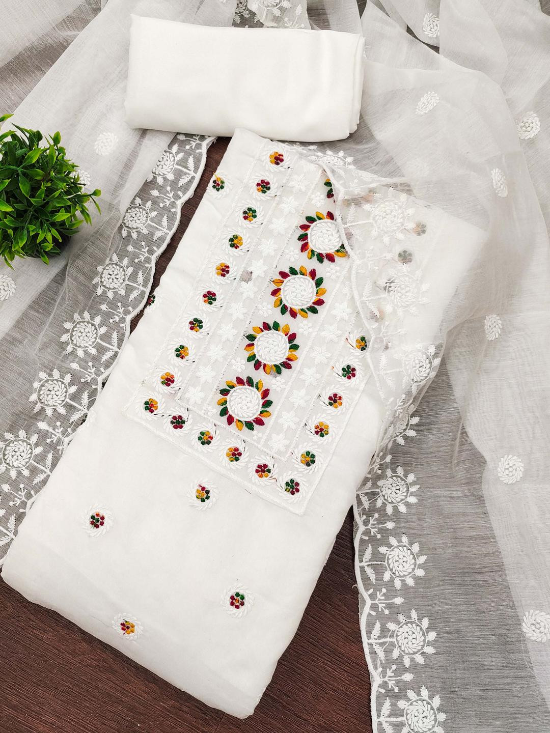 White Chanderi Cotton Embroidery Dress Material for Women with Dupatta  Kalini