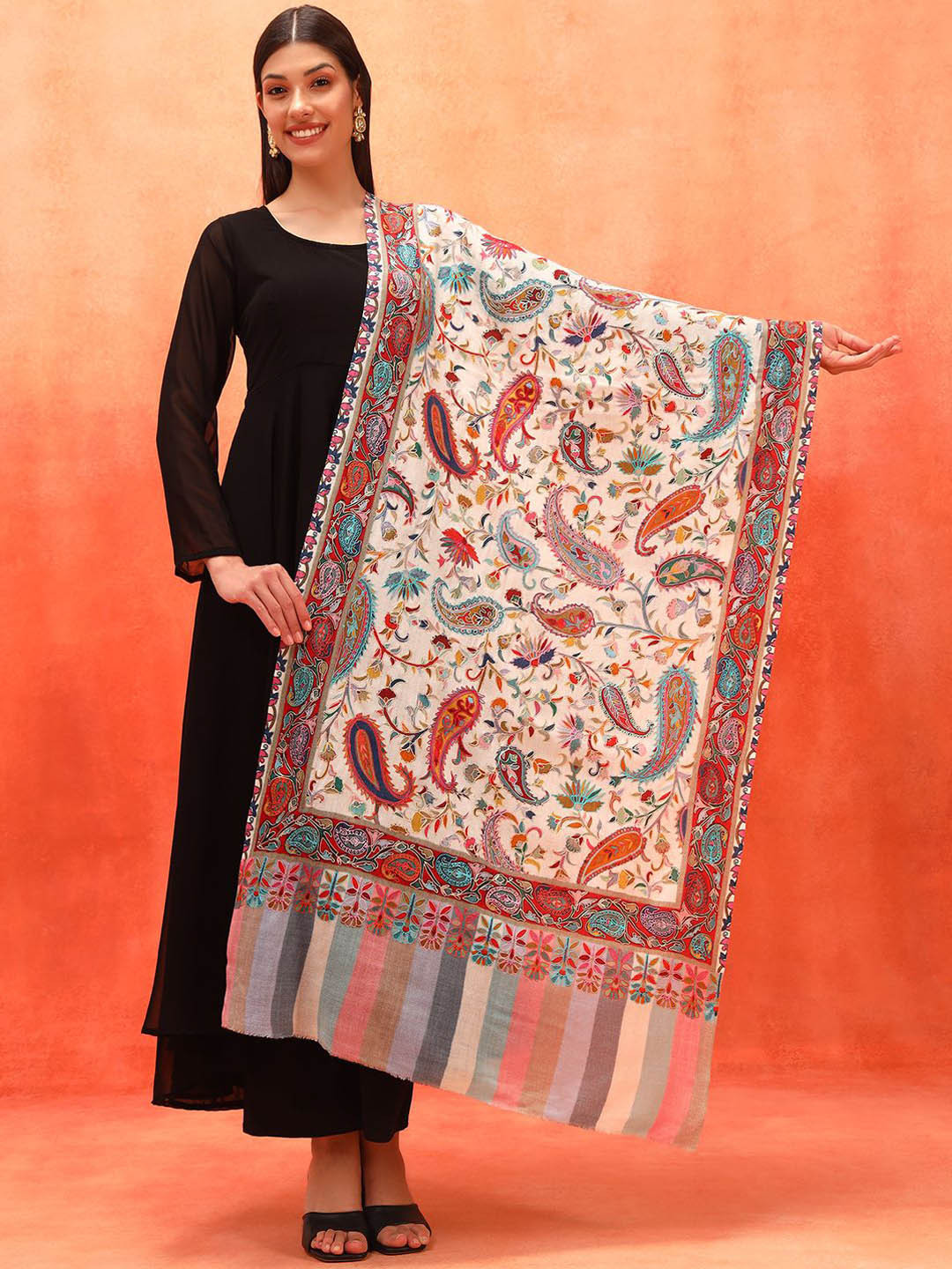 Pashmoda Naqqashi Pure Wool Kalamkari Paisley Embroidered Shawl