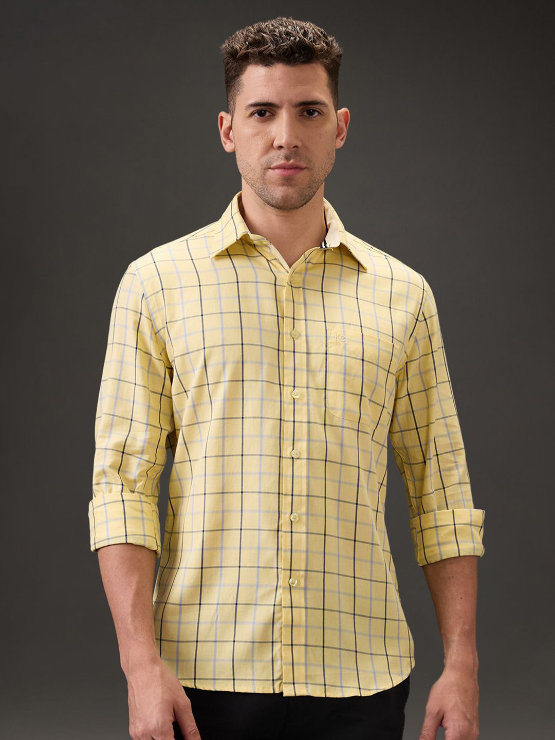 Kenneth Cole Men Windowpane Checked Spread Collar Pure Cotton Casual Shirt