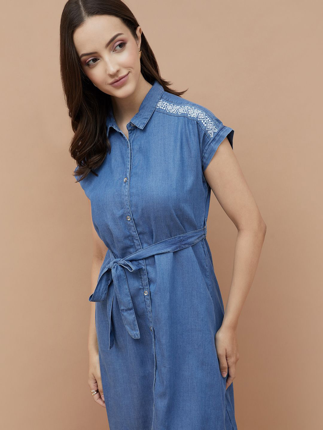 Fame Forever by Lifestyle Shirt Collar Cap Sleeves Cotton Shirt Dress