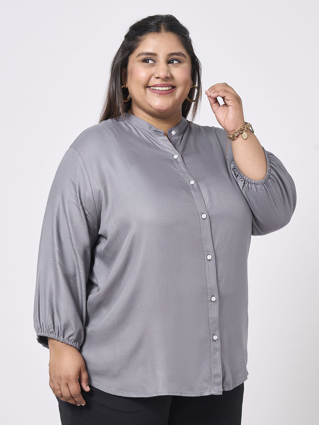 Style Quotient Women Plus Size Smart Fit Solid Mandarin Collar Casual Shirt