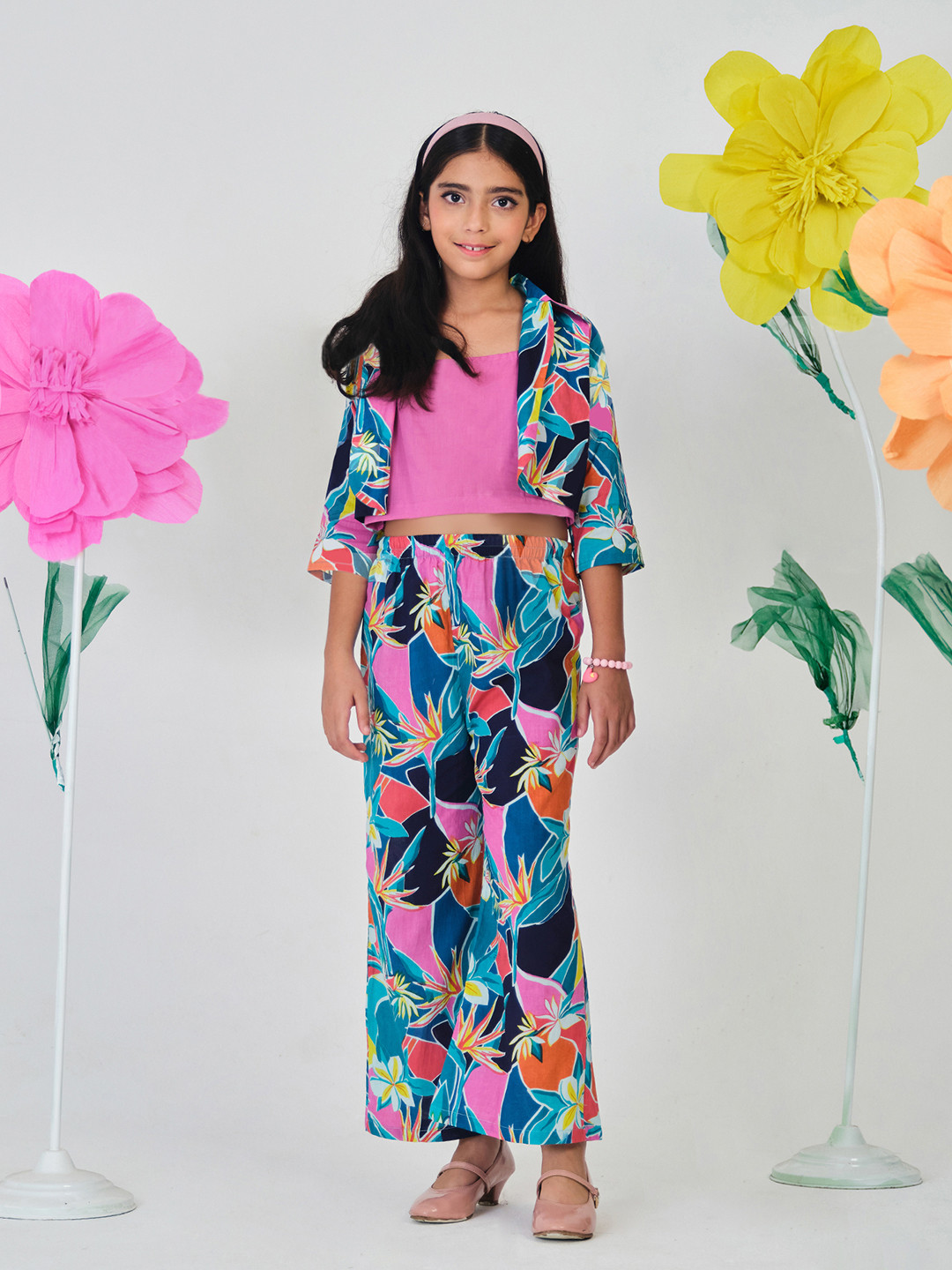 YK X Trampoline Girls Cotton Woven Bold Printed Spaghetti Top, Palazzo & Jacket