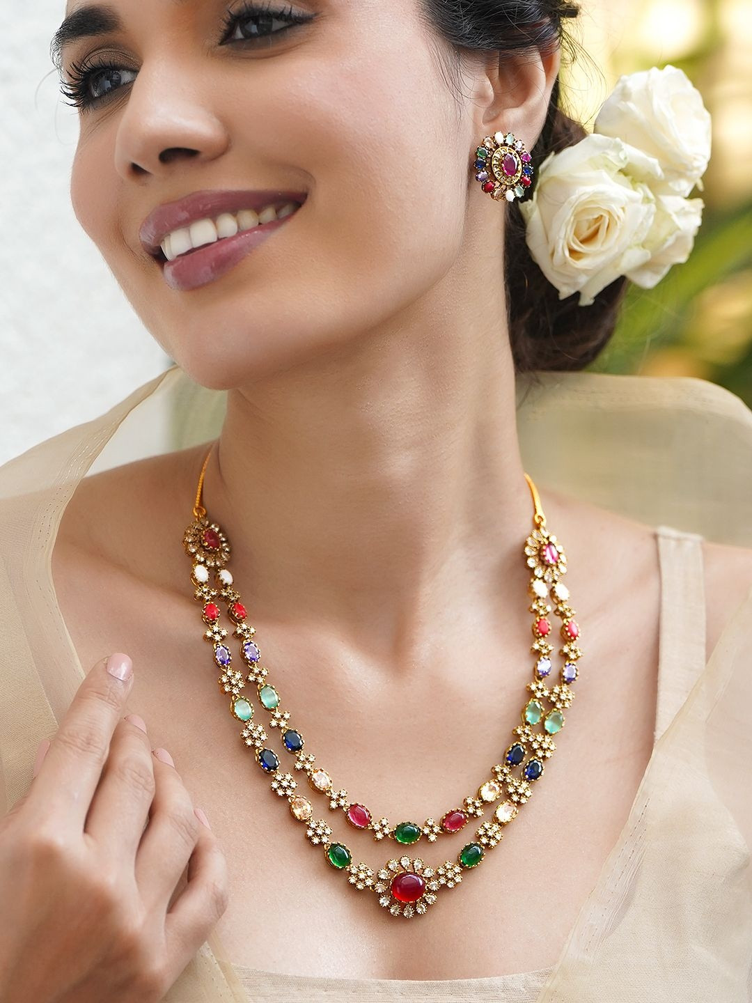 Rubans 22K Gold-Plated Cubic Zirconia-Studded Jewellery Set