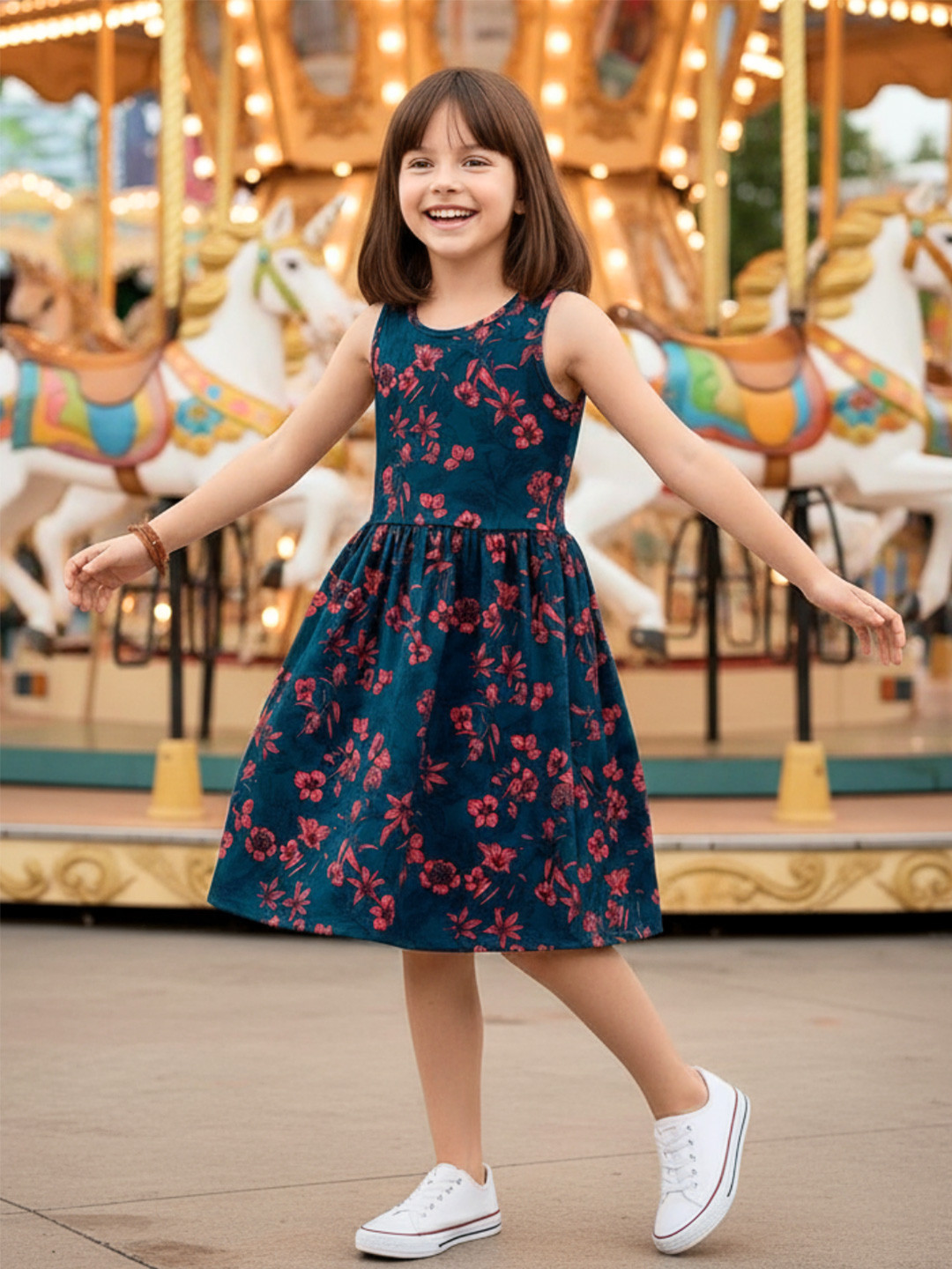 Uptownie Lite Navy Blue Floral Cotton A-Line Dress