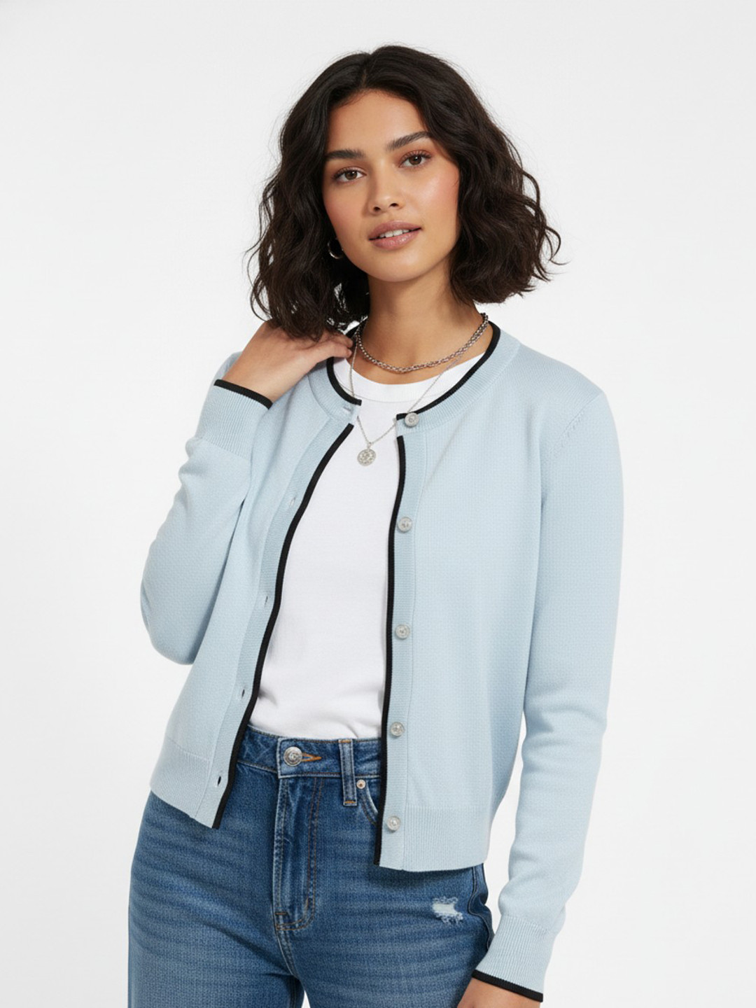 glitchez Round Neck Cardigan with Contrasting Edges