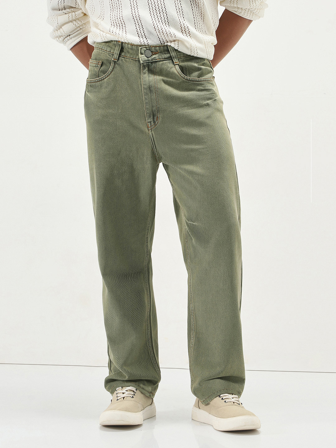 Urbano Fashion Men's Light Green Loose Baggy Fit Washed Non-Stretchable Jeans